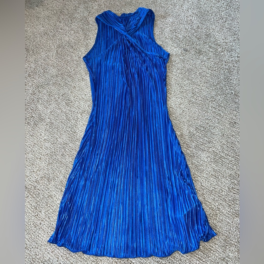 Silky ribbed royal blue cross neck fitted dress